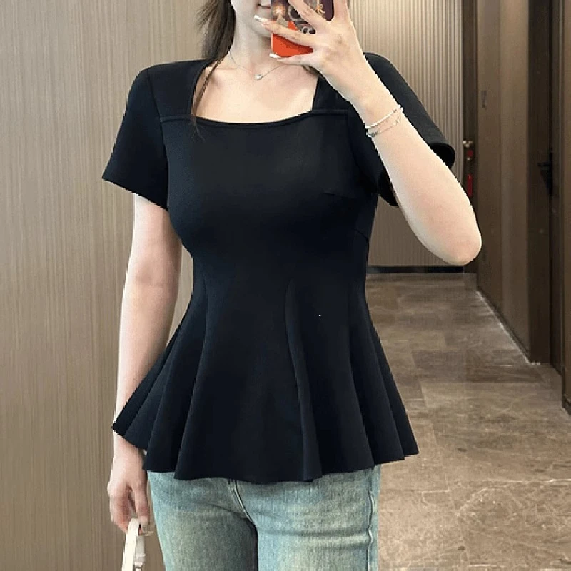 大码设计感纯欲方领正肩短袖t恤女夏季胖mm收腰遮肉显瘦小衫上衣