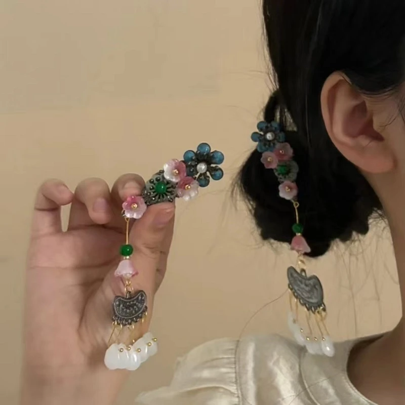 新中式花朵长流苏发夹鸭嘴夹气质侧边夹刘海夹复古汉服发卡发饰女