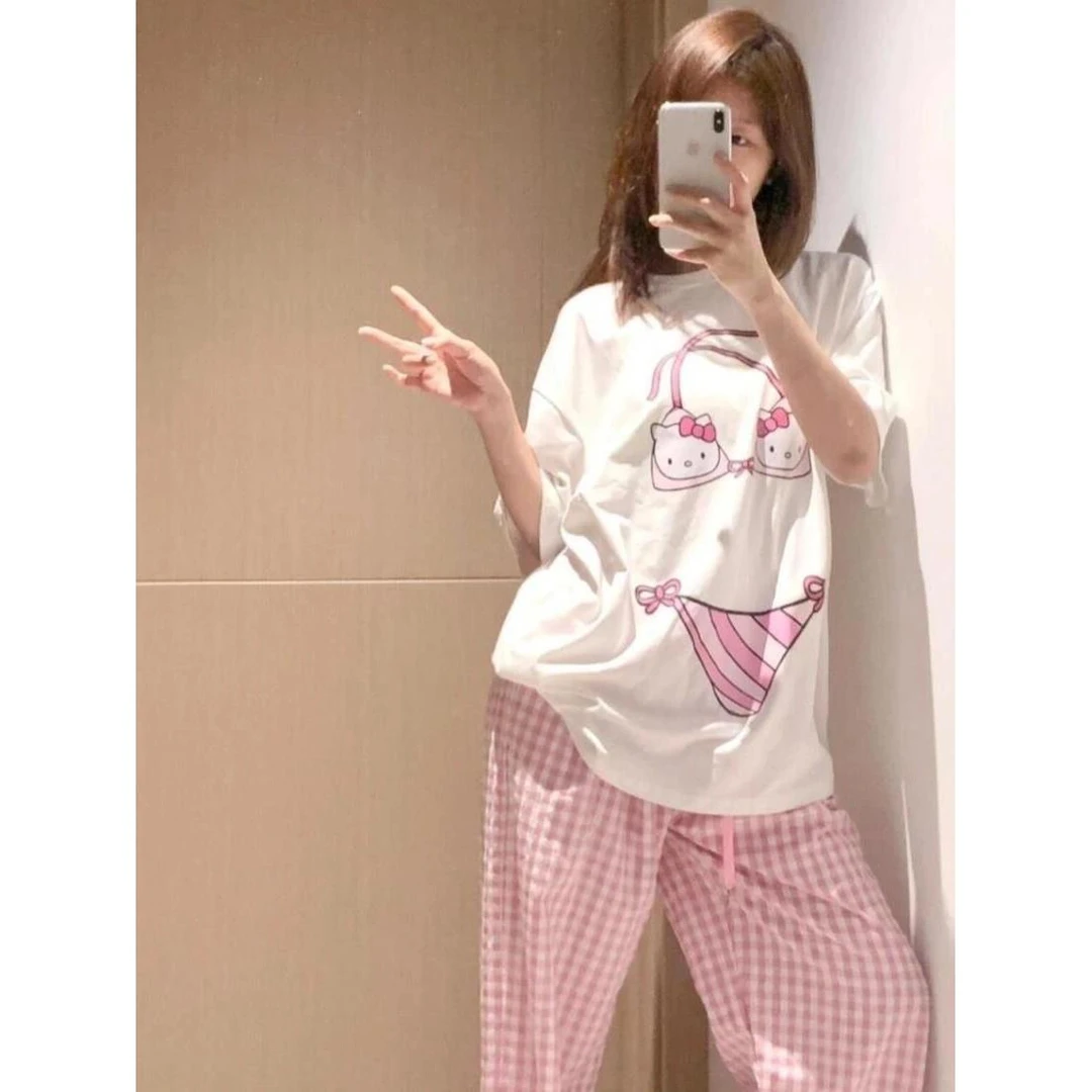 【粉色凯蒂猫】可爱睡衣女生春秋韩系宽松舒适短袖长裤家居服套装
