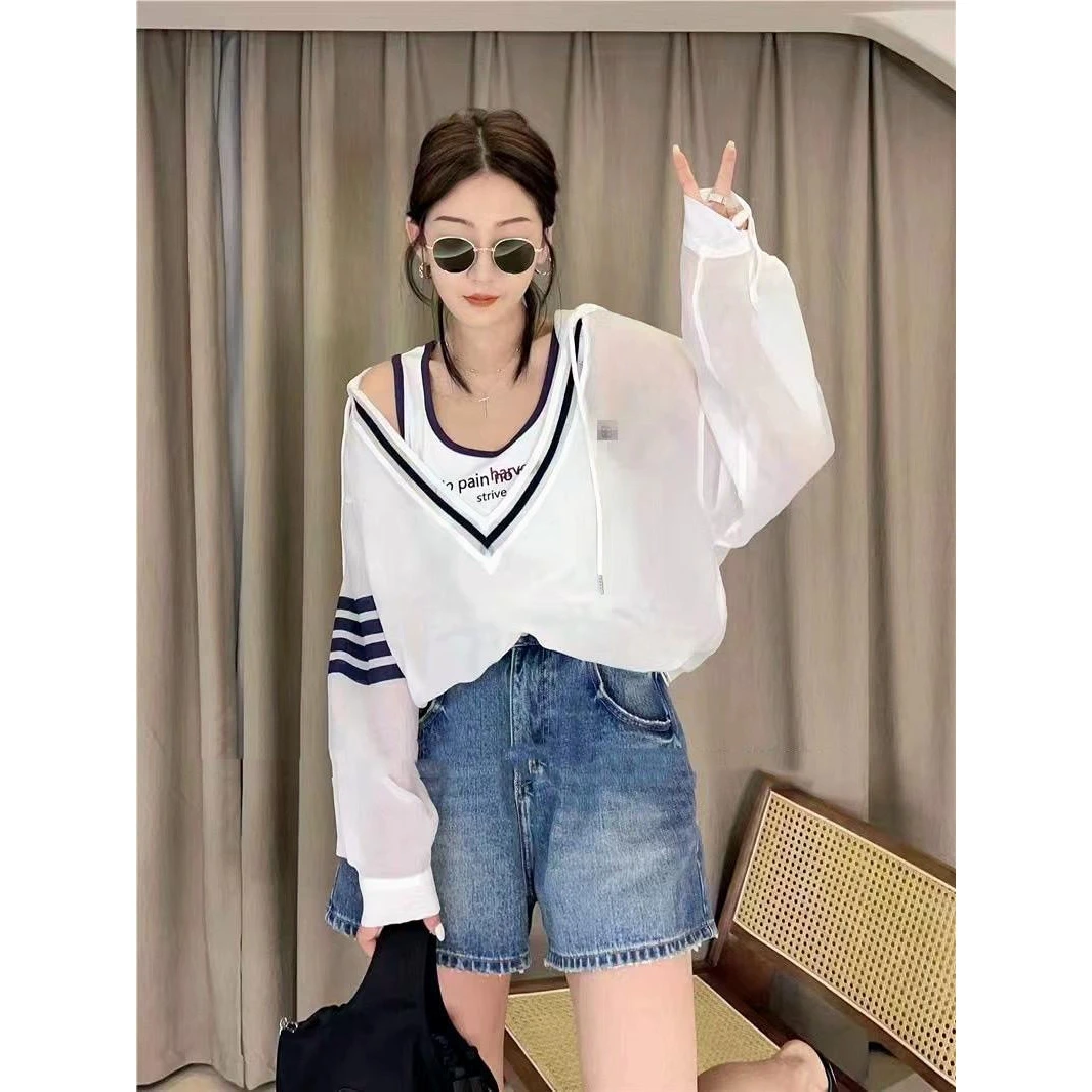 大码宽松轻薄连帽长袖雪纺衫夏款300斤胖MM防晒背心两件套上衣女