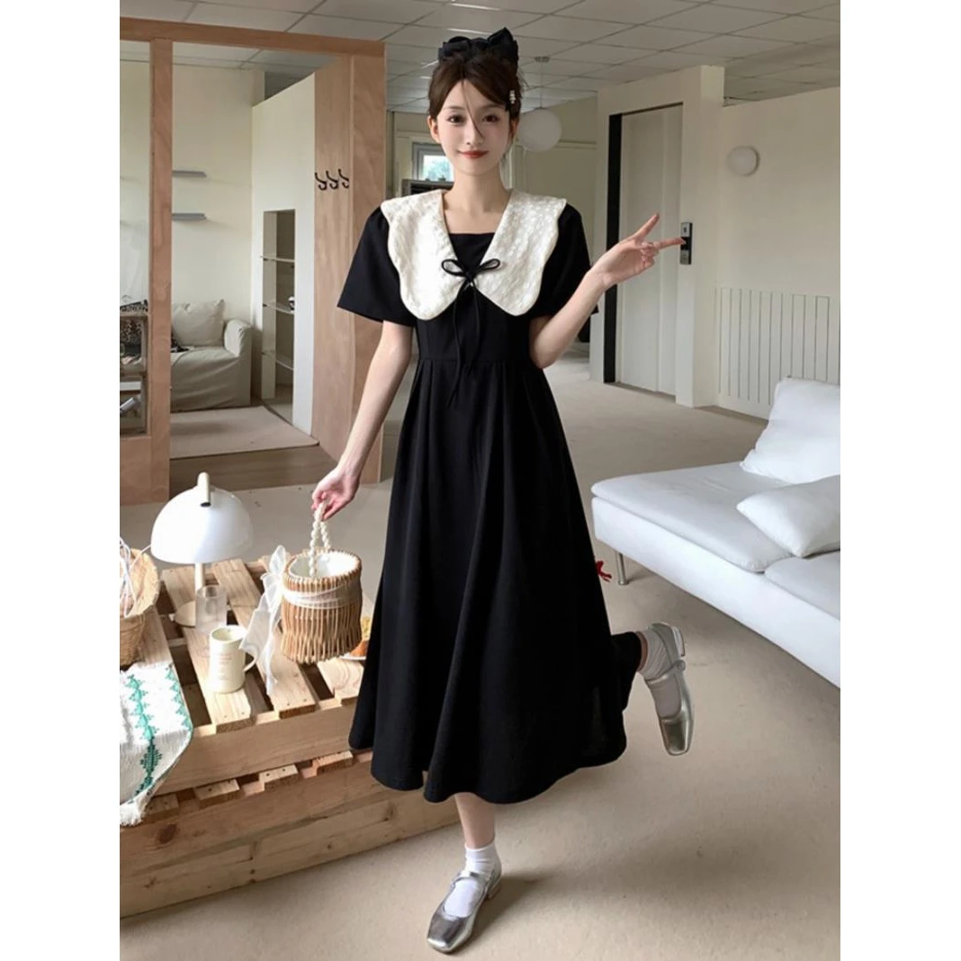 2025夏季大码胖mm法式收腰显瘦减龄娃娃领韩版雪纺荷叶边连衣裙女