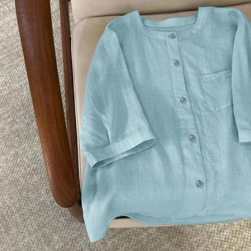 欧若风减龄衬衫2025夏季新款时尚漂亮小衫纯色百搭宽松版中袖衬衣