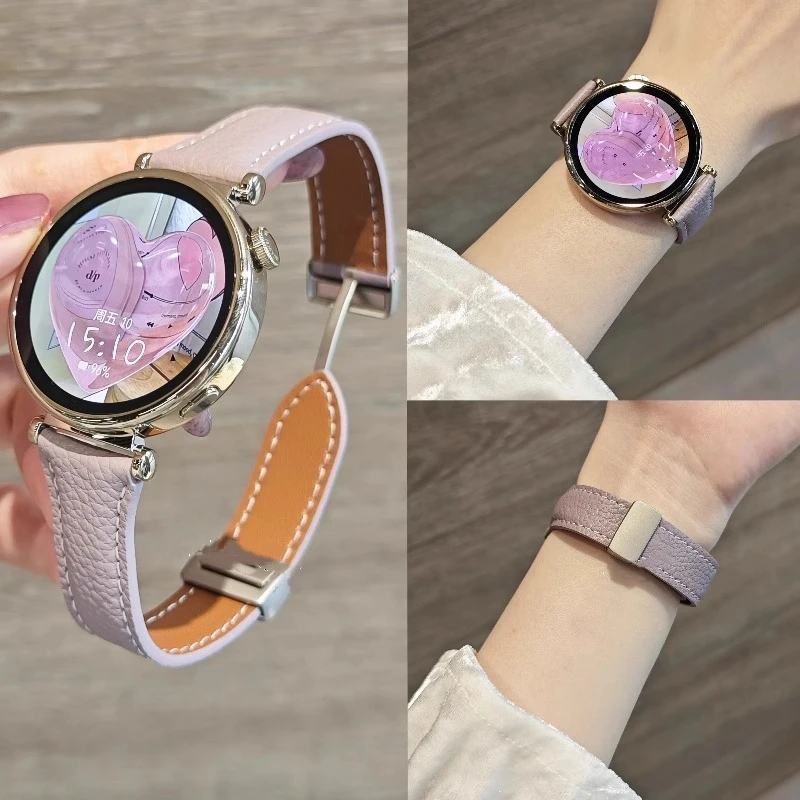 荔枝纹真皮适用华为GT6表带gt5pro手表运动磁吸扣女硅胶透气腕带