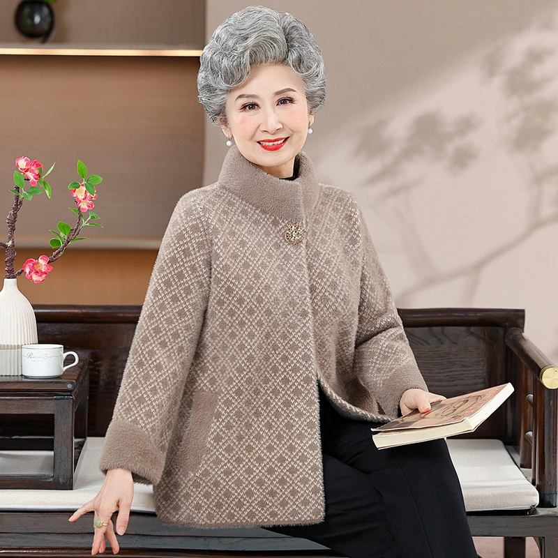 老年人秋冬女外套中长款加厚妈妈水貂绒大衣老太太皮草奶奶上衣新