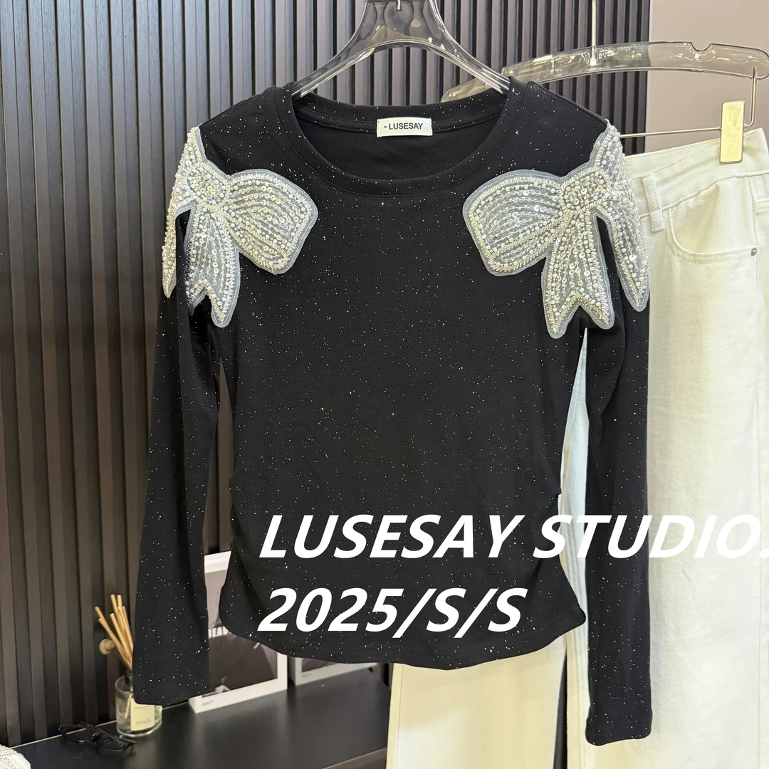 LUSESAY 蝴蝶结刺绣细闪设计 2025秋季新款长袖t恤女百搭显瘦上衣