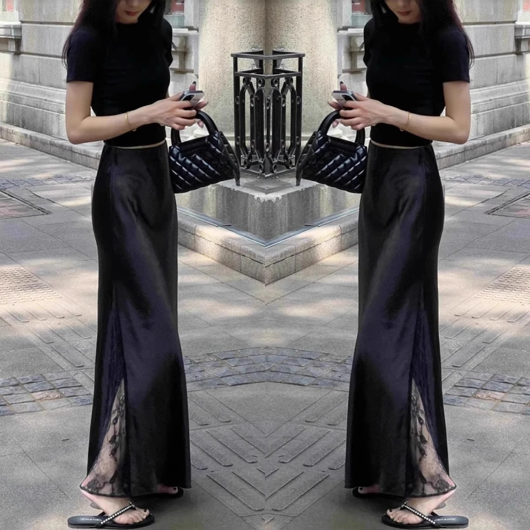 法式高级感蕾丝拼接醋酸黑色半身裙女夏季新款显瘦中长缎面包臂裙