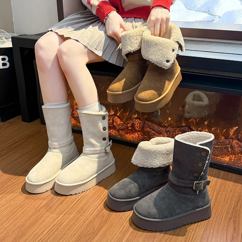 2025新款冬季时尚百搭气质短靴小个子保暖棉靴子厚底增高雪地靴女