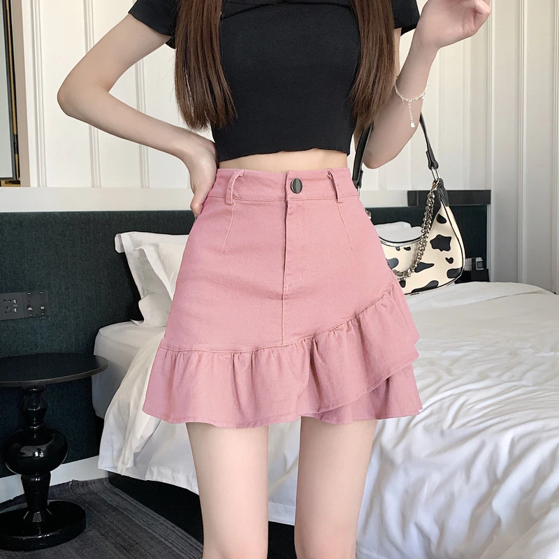 弹力甜美淑女字裙荷叶边裙包臀彩色春季百搭活力辣妹裤裙短裙女