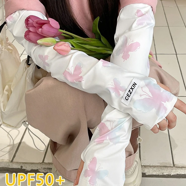 新款夏季蝴蝶防晒袖套韩版女生防紫外线护臂冰丝手套遮阳开车冰袖