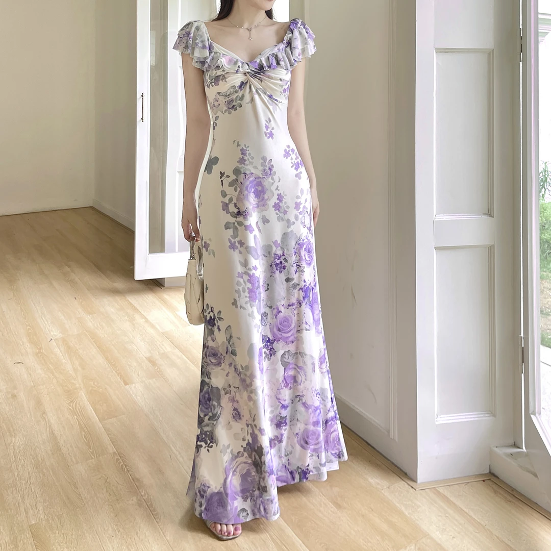 【夏日小花】裙子女款爆款2025新款高级感一字肩V领两穿A摆连衣裙