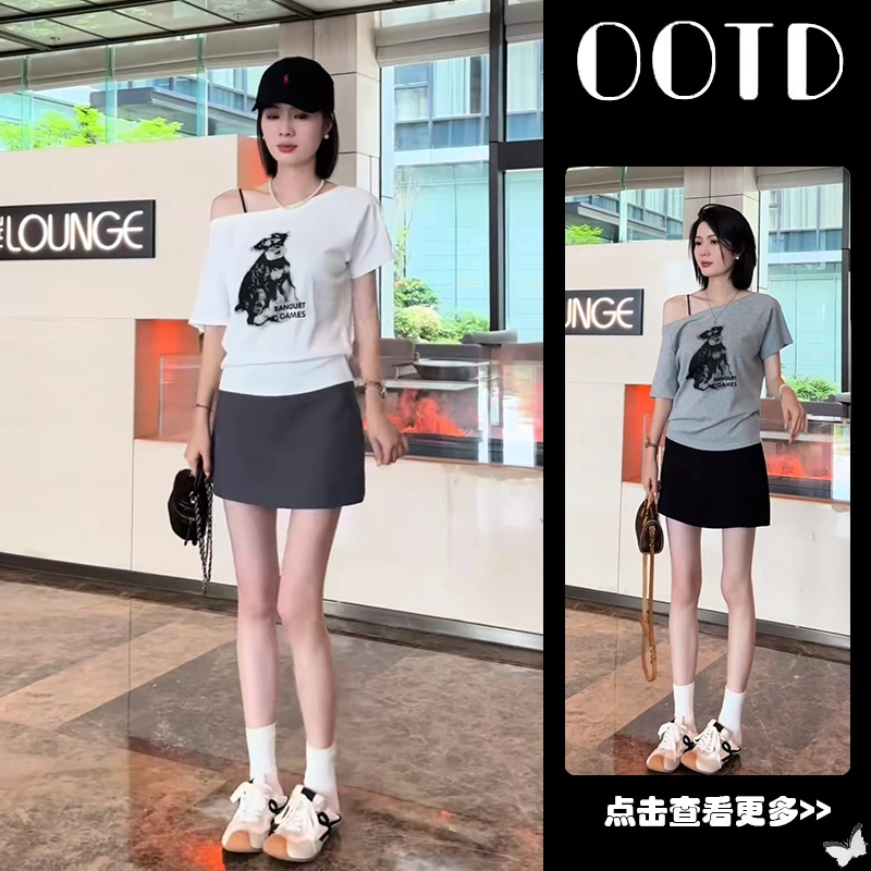 夏季流行穿搭一整套女2025新款韩版印花露肩T恤高腰短裙两件套