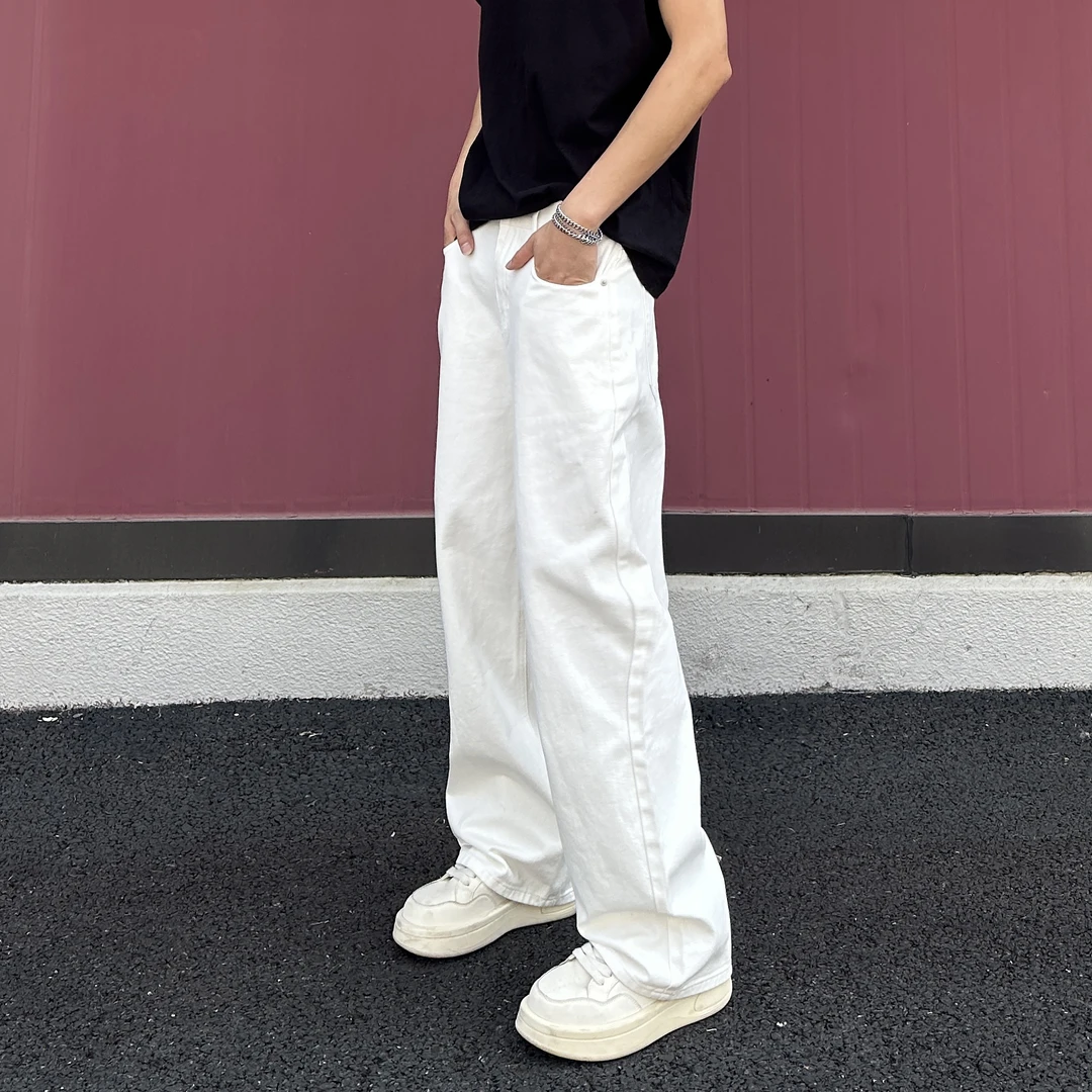 QUALCOMM秋冬氛围感cleanfit白色牛仔裤男女同款欧若窄版阔腿裤子