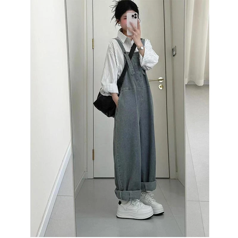 2025春秋新款慵懒风条纹衬衫高腰显瘦牛仔背带裤两件套女时尚套装