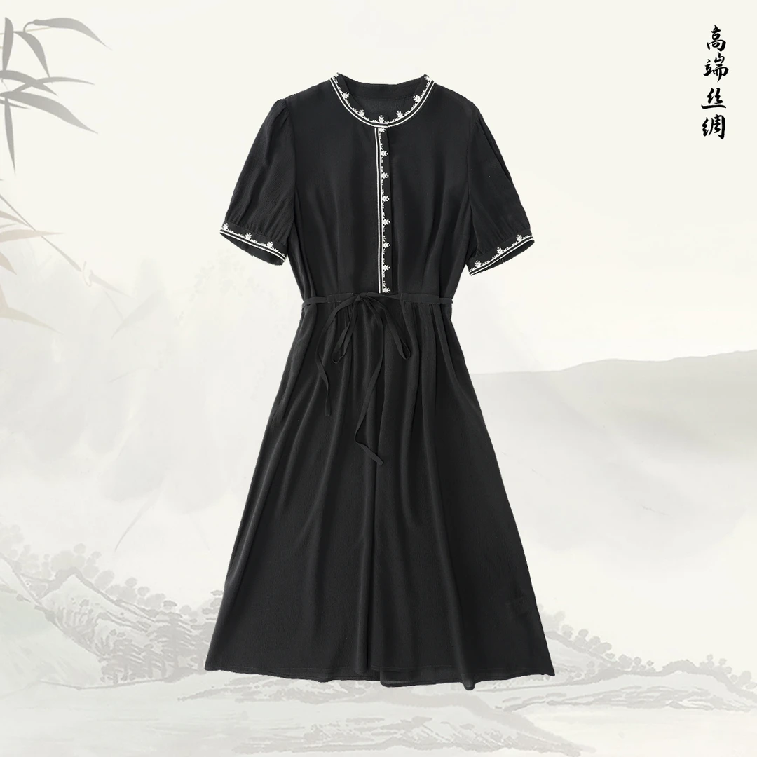 【墨韵】品牌新款桑蚕丝复古小立领收腰A字连衣裙519005