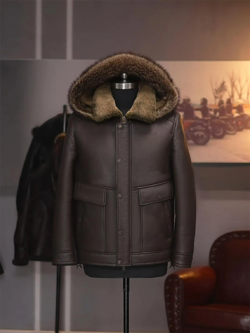 水洗油蜡棕89006醇植浆染复古做旧男士原生态皮毛一体外套真皮帽