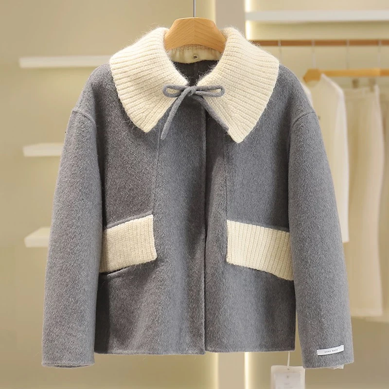 美美推荐113羊毛针织领暗扣短款双面呢大衣