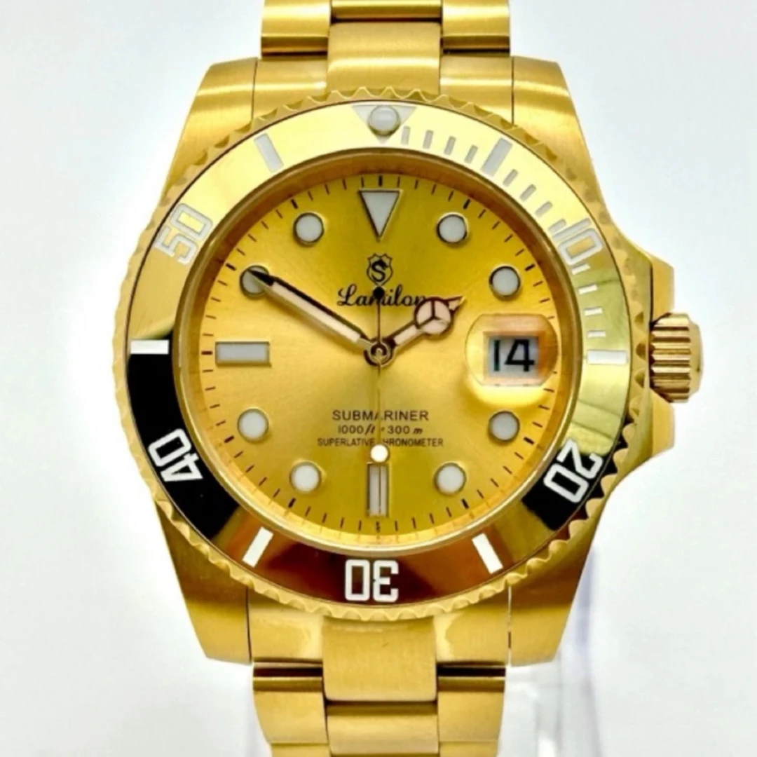 进口机芯-男士机械表金鬼王全夜光高奢金色潜水腕表男