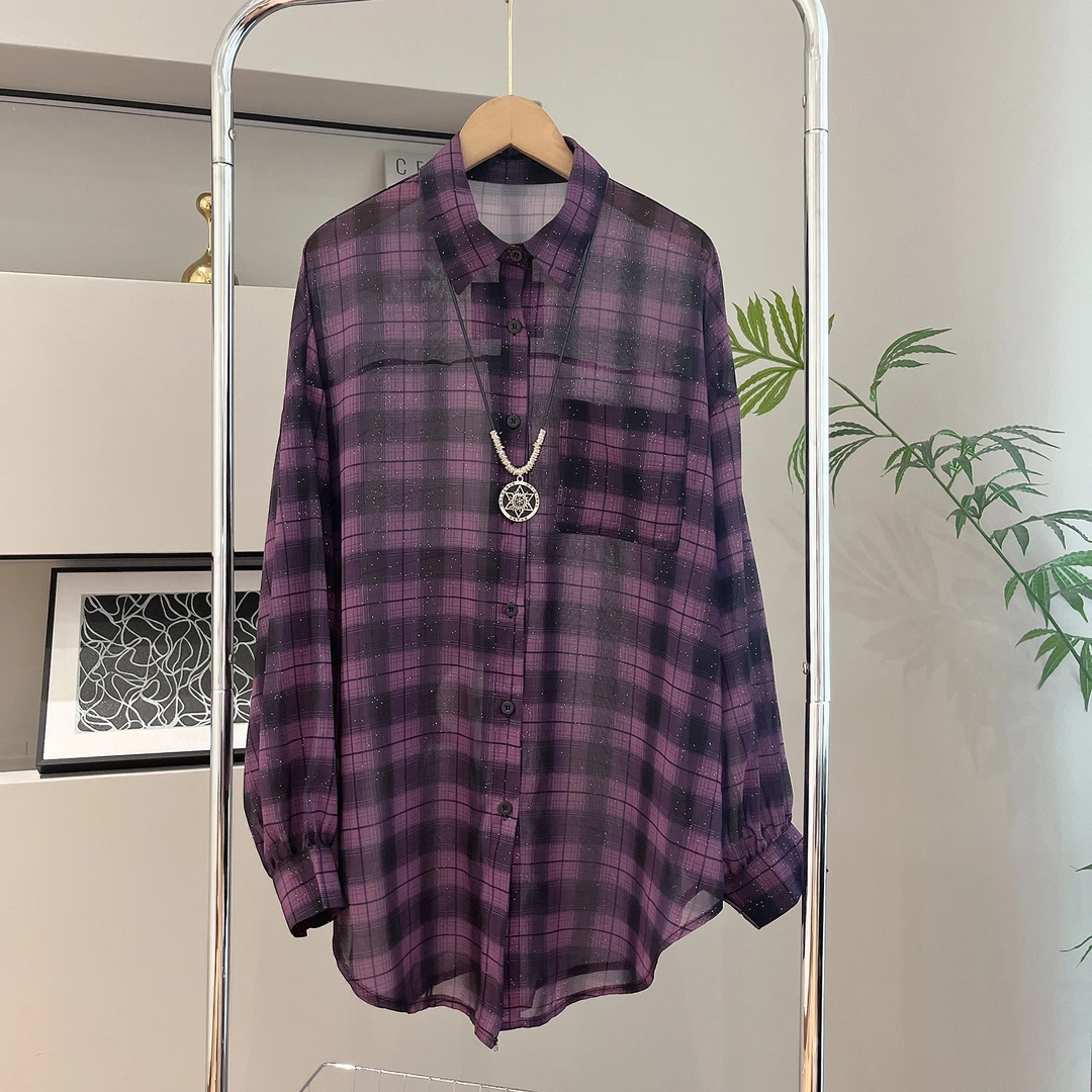 长袖宽松撒银休闲中长款格纹防晒衬衫上衣气质24531