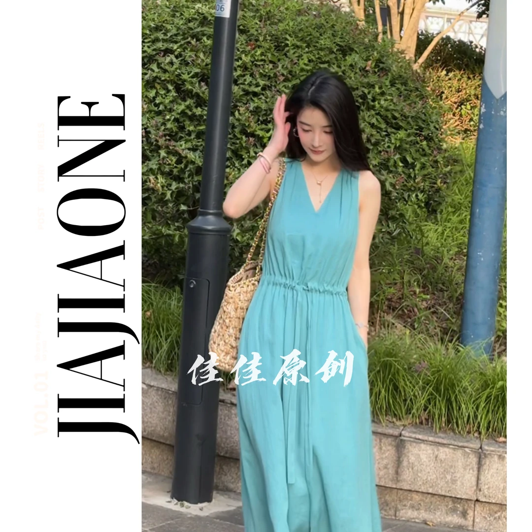 【佳7定制】夏季气质高腰V领挖肩无袖A字显瘦垂感连衣裙XMJJ005