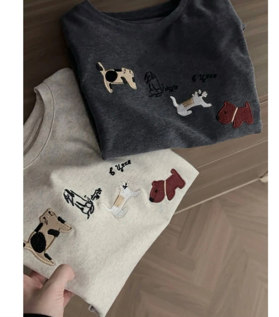 【趣味小狗】2025夏季新款韩系女装刺绣小狗小猫T恤休闲百搭款