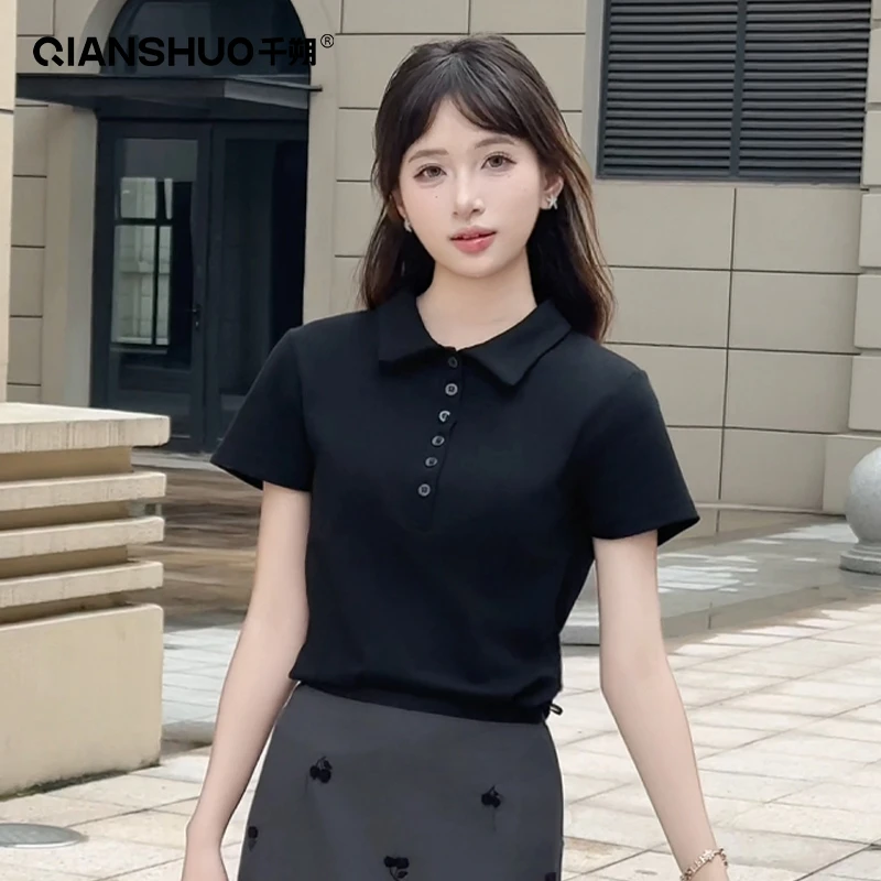 千朔正肩轻奢polo衫短袖t恤女秋夏时尚老钱风百搭上衣修身显瘦