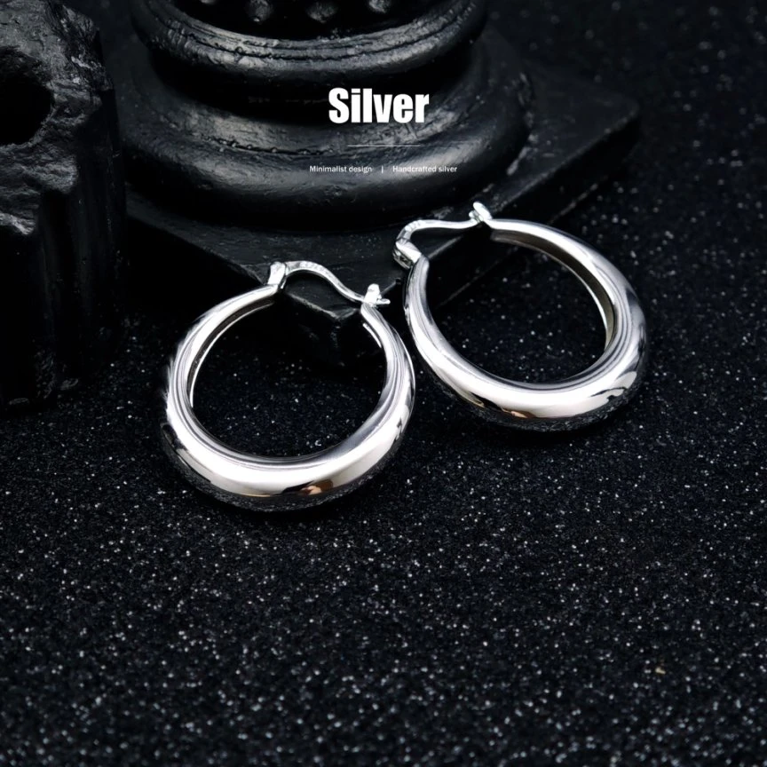 925银耳饰 轻奢小胖圈方圆脸天菜30尺寸简约纯银耳环小众