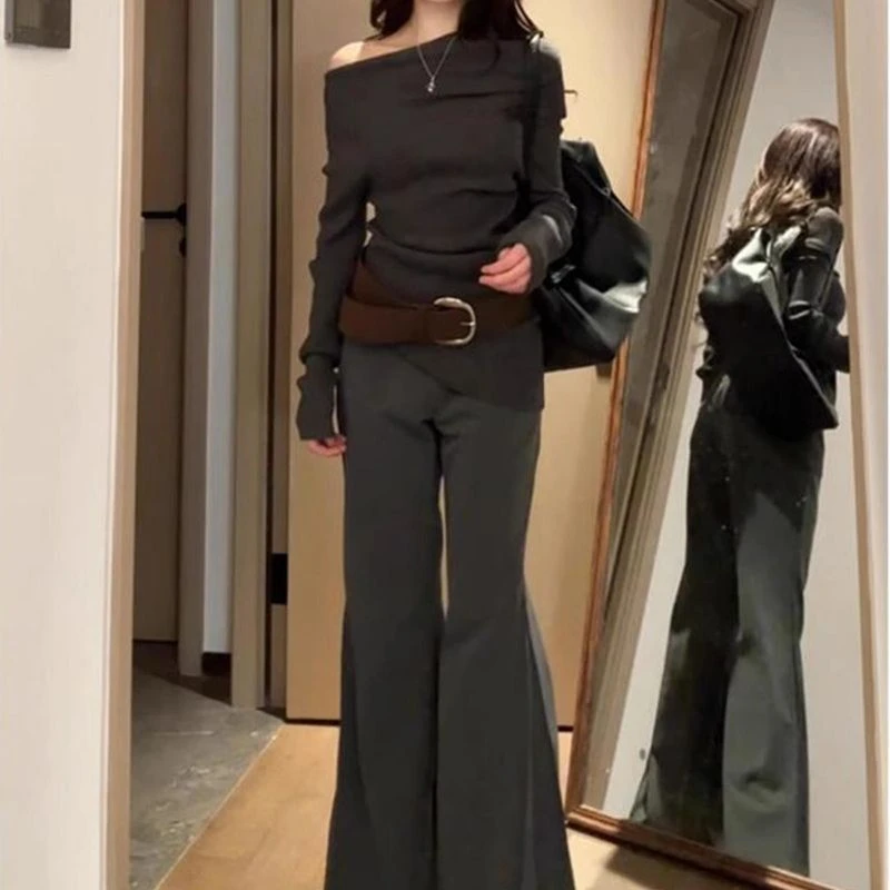 两件套/单件不规则设计小众显瘦长袖针织衫+高腰遮肉休闲裤套装女