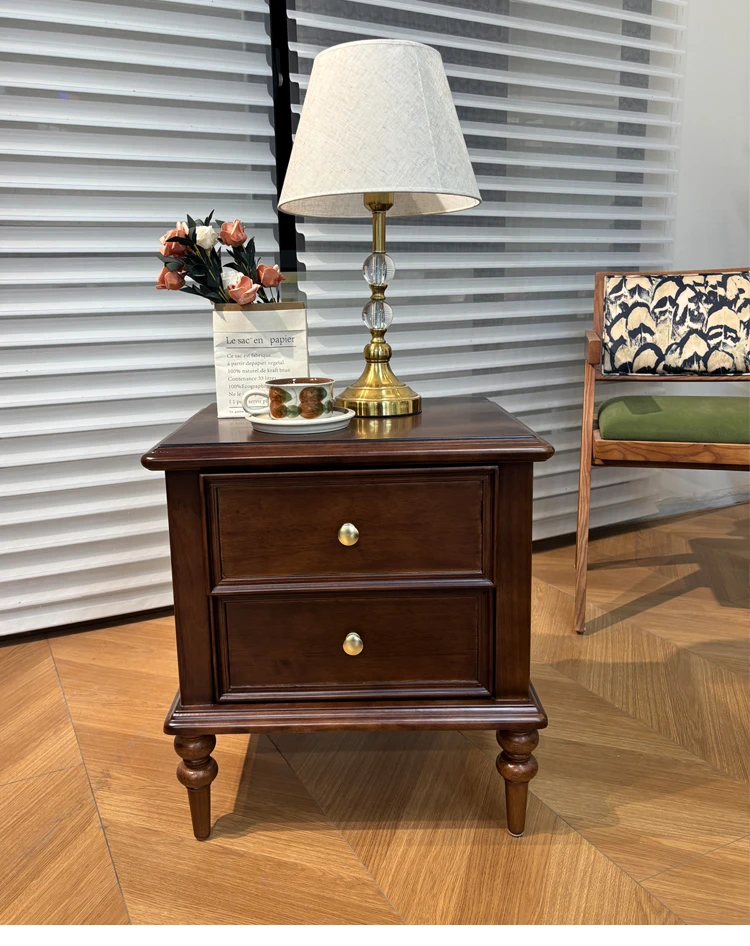 中古风黑色全实木床头柜法式复古两抽储物柜子美式收纳柜卧室边柜