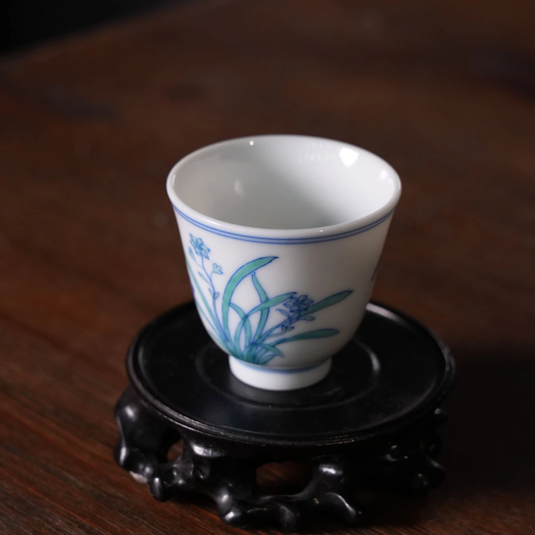 玉窑 青花斗彩灵仙纹闻香杯 柴窑