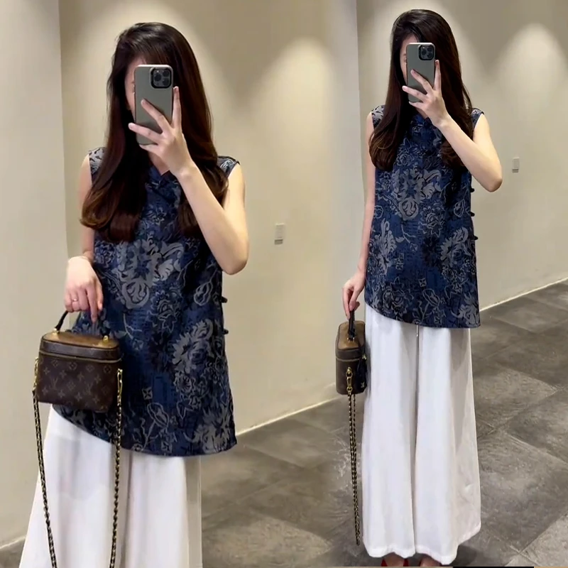 欧货老钱风套装女2025年夏季新款休闲盘扣无袖上衣阔腿裤两件套潮