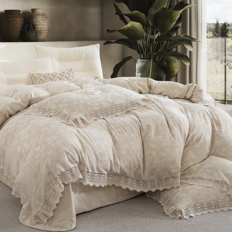 Kiki【花颜盛世】法式花边全棉麻提花A类母婴级四件套 亲肤柔软透气