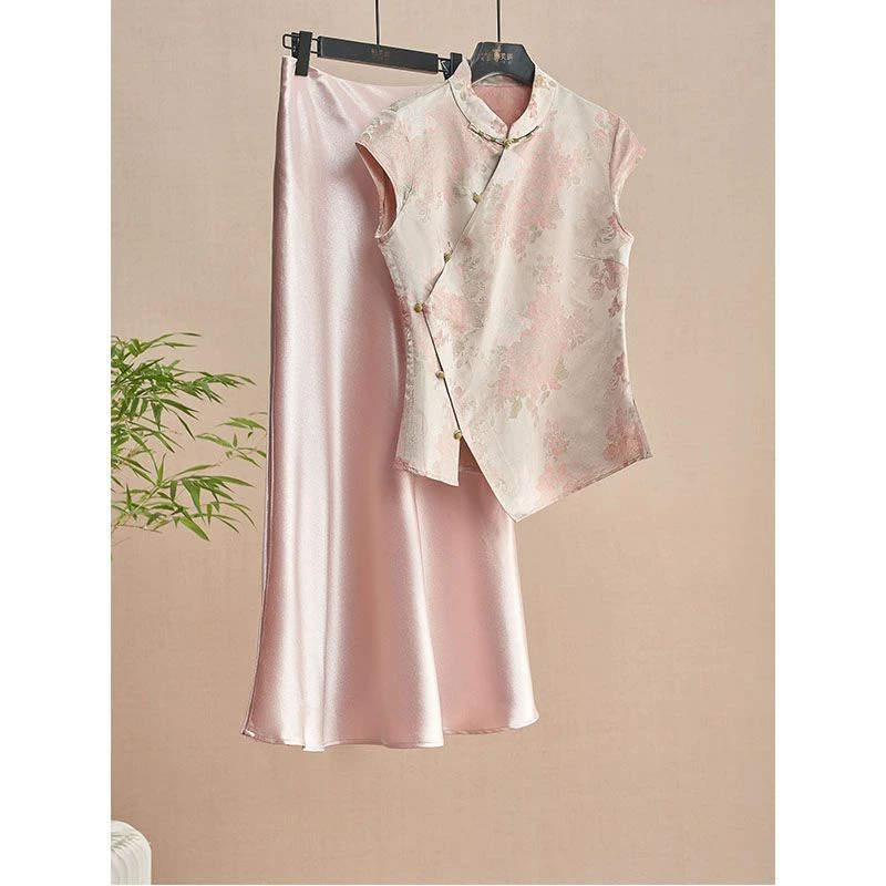 新中式夏季2025新改良提花气质盘扣上衣搭配粉色国风半身裙两件套