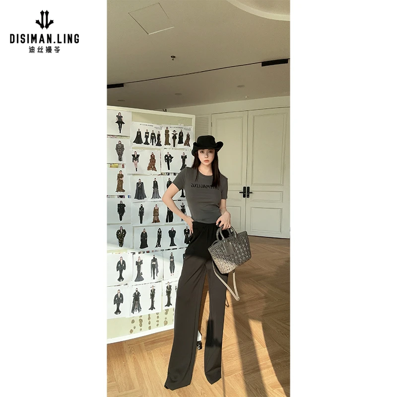 迪丝嫚苓黑色裤子高腰显瘦时尚休闲女士秋季舒适宽松垂感小众设计