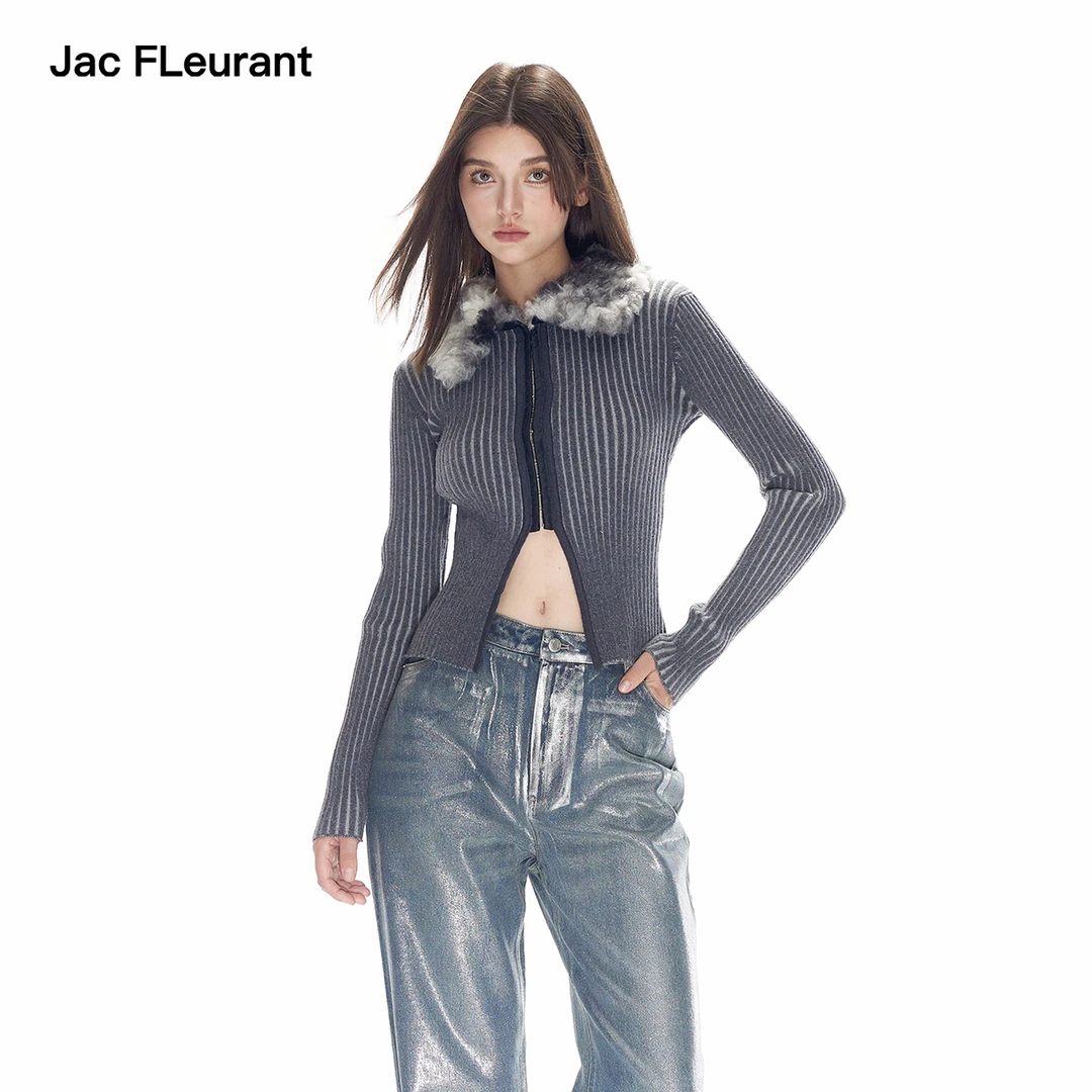 JAC FLEURANT2024新品灰色条纹毛领修身显瘦针织辣妹风上衣