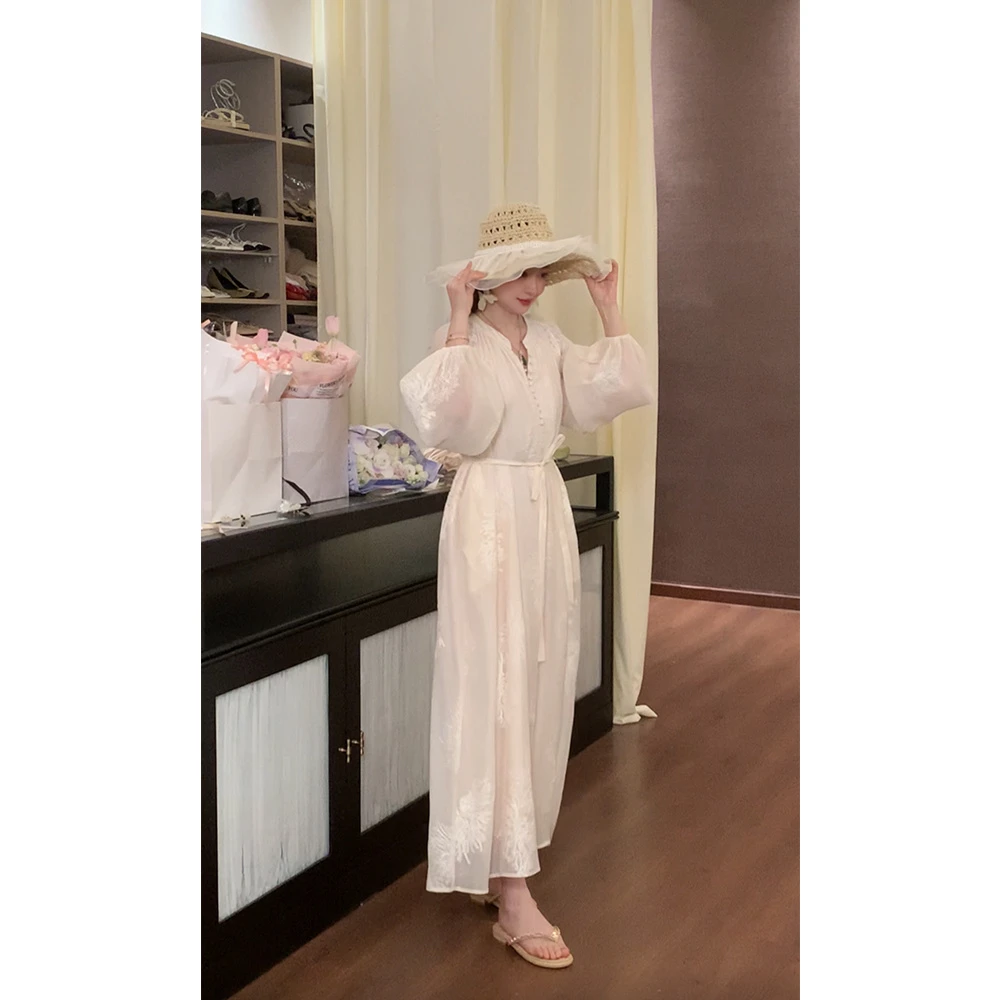 崔与熙|CUIXI【花序】蕾丝显瘦气质长袖白色轻奢复古法式裙子