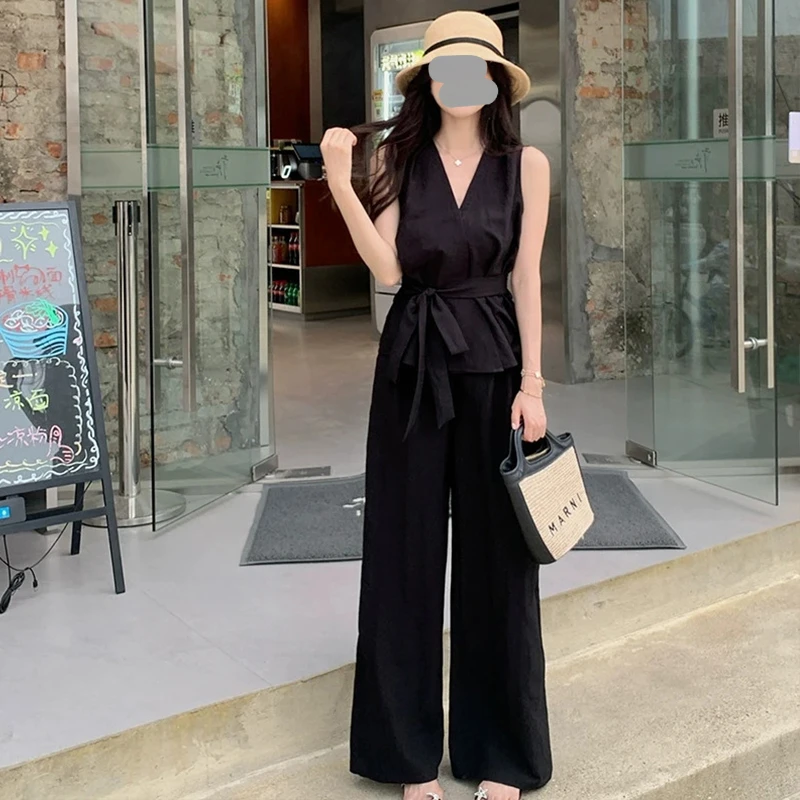 夏日绝美穿搭套装女2025新款夏季韩系高级感背心衬衫阔腿裤两件套