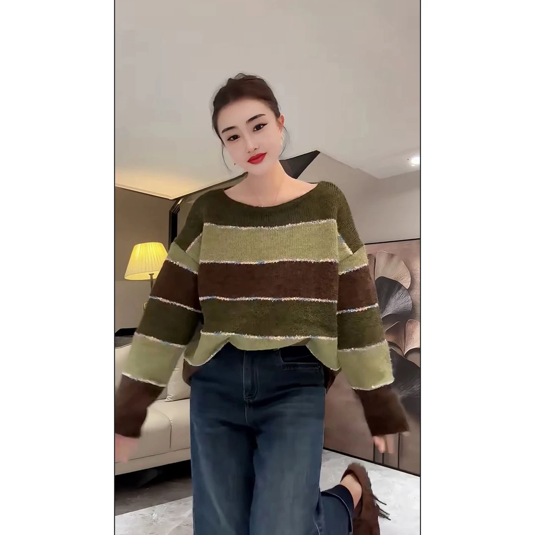 欧货圆领撞色条纹插肩袖常规针织毛衣撞色拼色拼接宽松