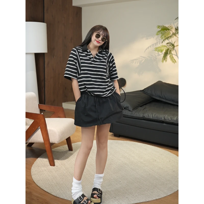 『LZZ』2025夏季时尚宽松简单百搭简约显瘦遮肉Plo衫极简风条纹