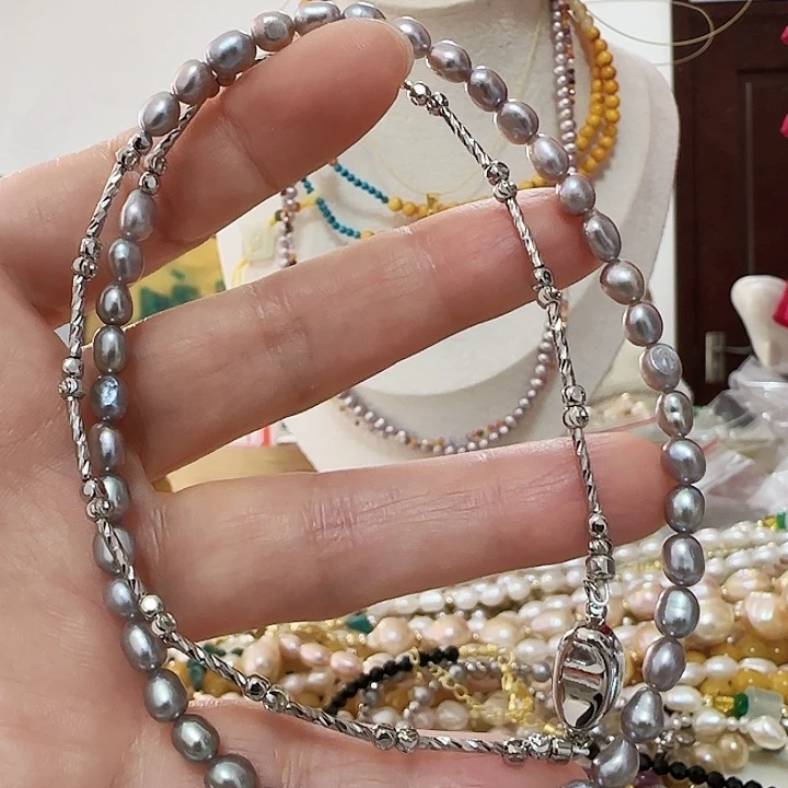 颈饰淡水珍珠未镶嵌灰珠款式链有纹