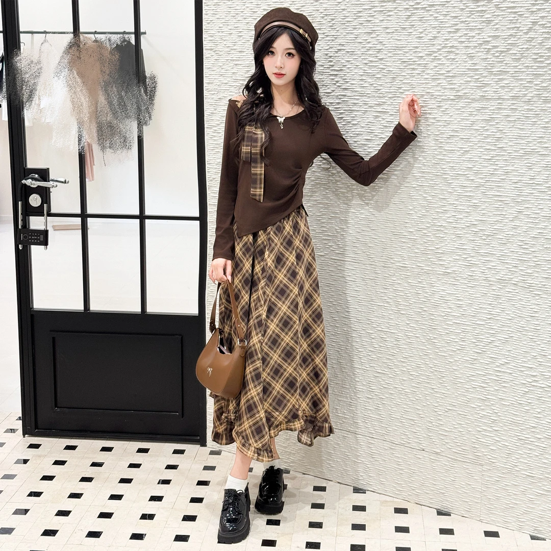 不规则斜肩长袖上衣雪纺格纹半身裙女套装薄款2025秋冬新款连衣裙