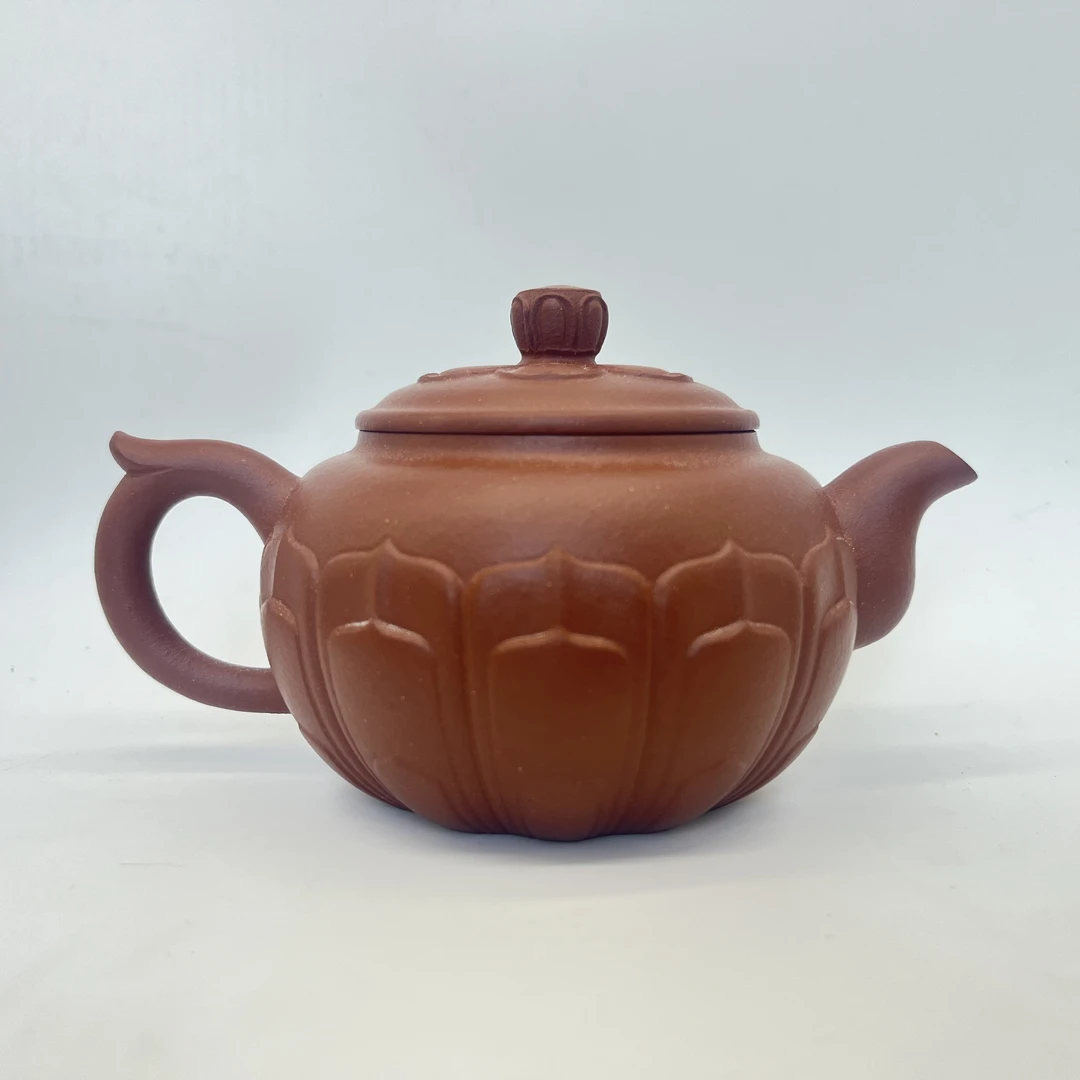 宜兴紫砂紫泥莲花壶300cc纯手工精美筋纹器