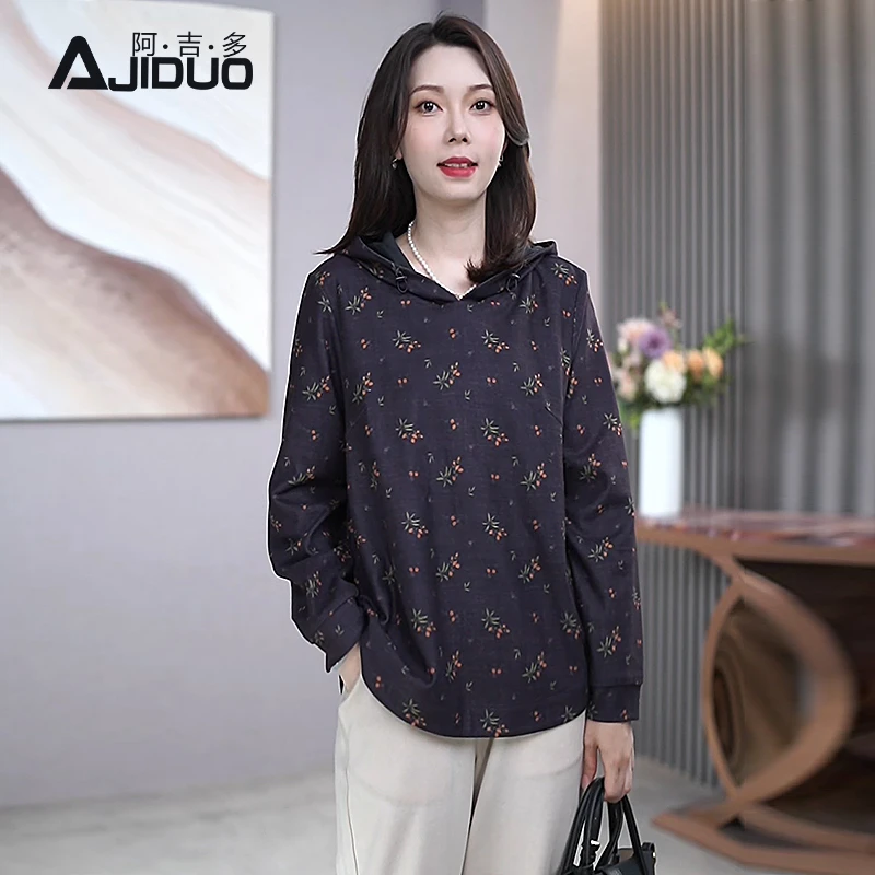 A32630阿吉多长袖卫衣女秋新款大码宽松印花休闲帽衫妈妈洋气上衣
