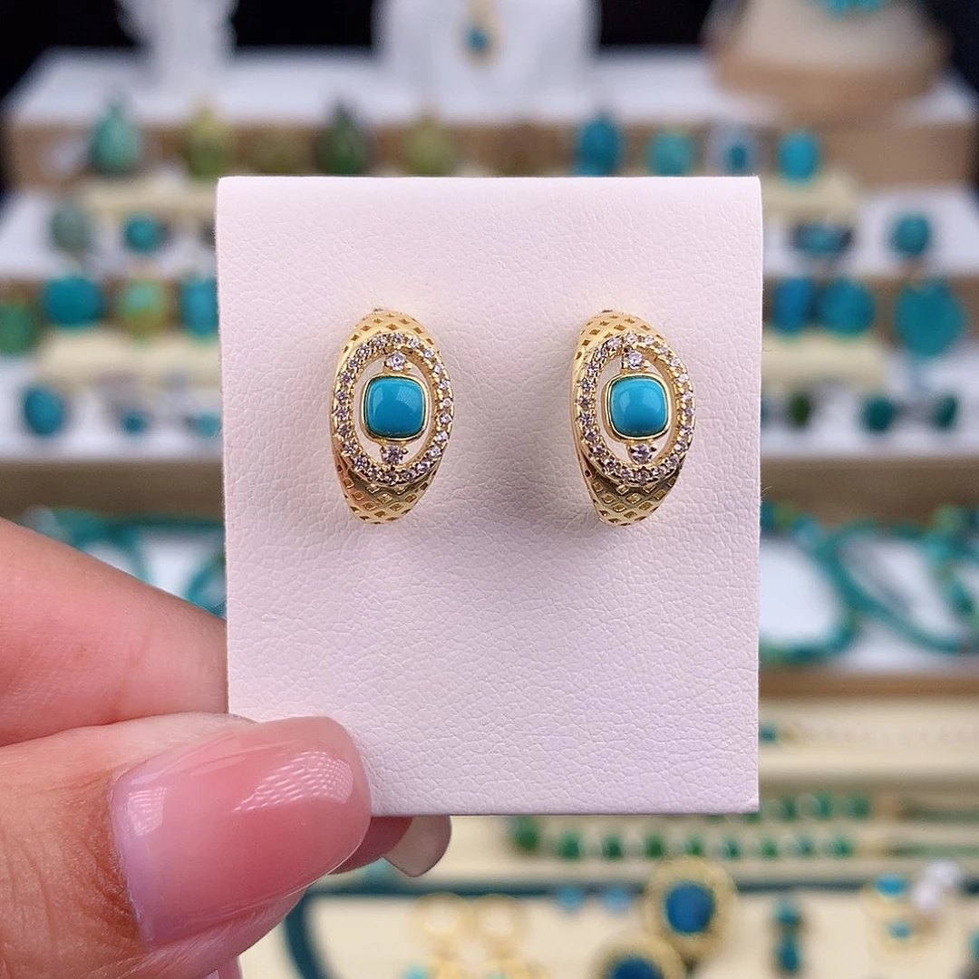 绿松石银S925镶嵌耳饰