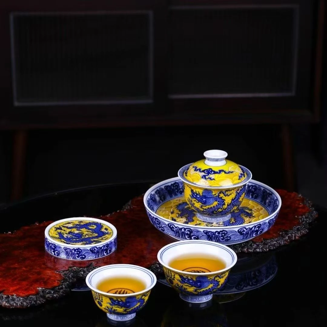 景德镇陶瓷七丞堂帝皇黄青花龙纹套盖碗茶家用壶功夫茶具礼