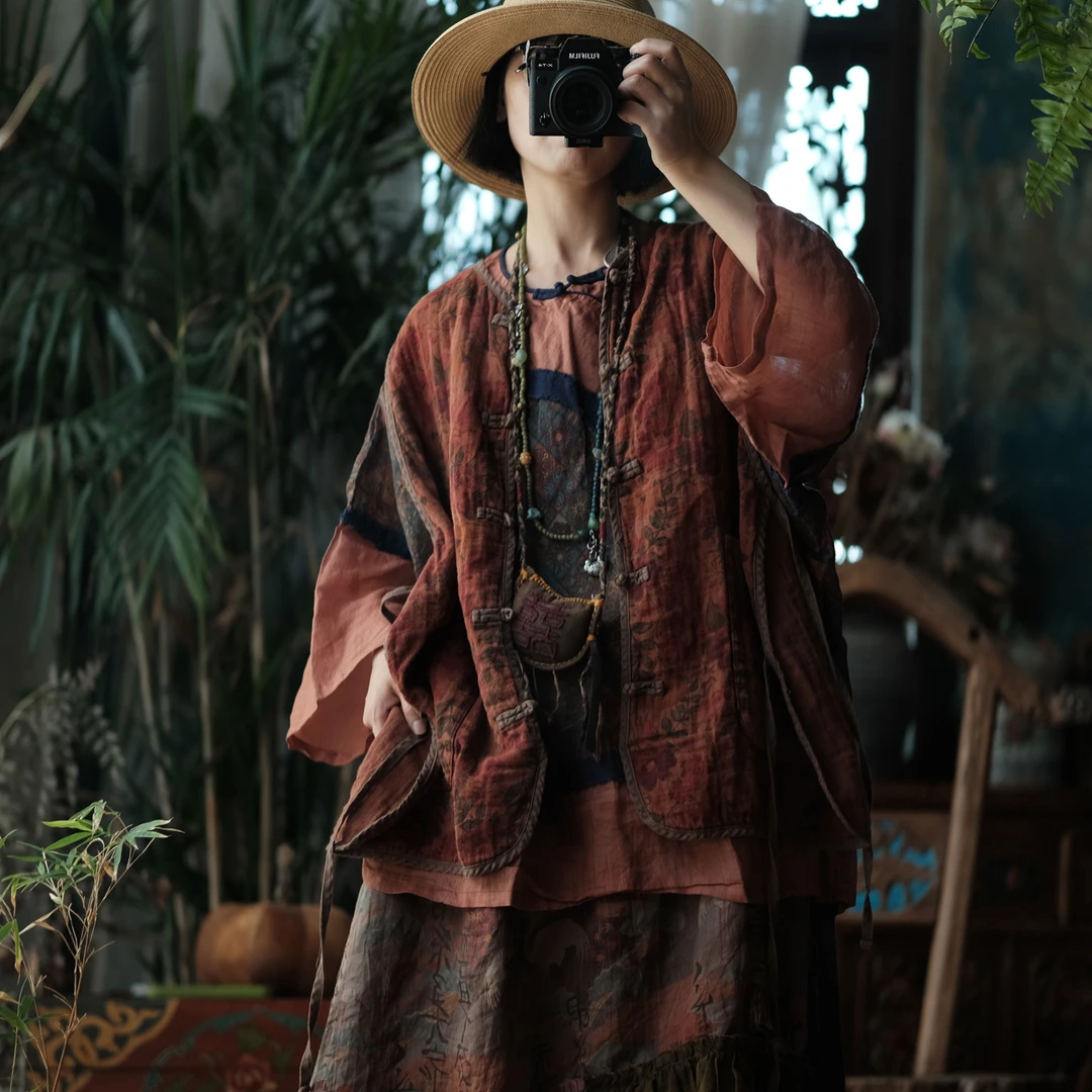 复古盘扣炒色做旧纯棉外套女装上衣宽松新中式开衫马甲女2157