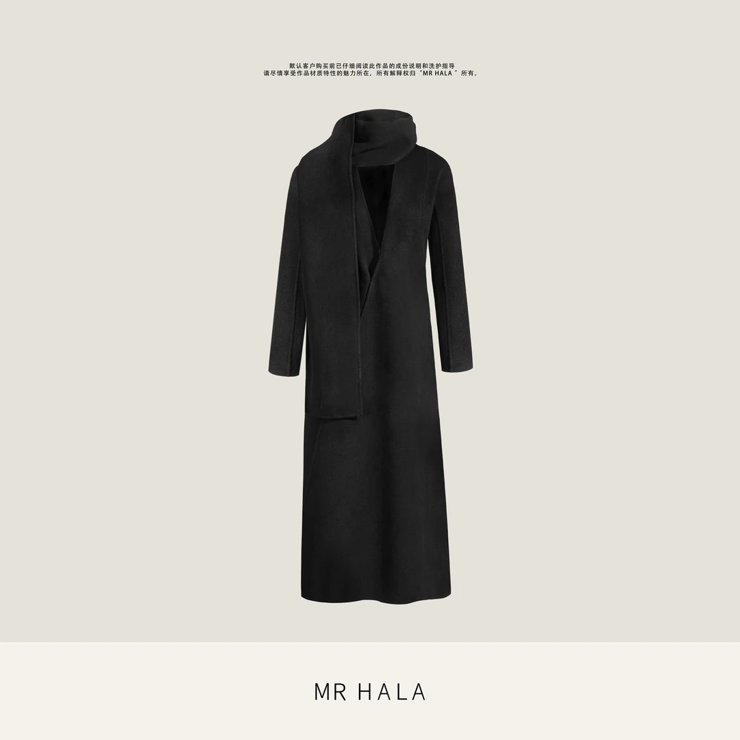 MRHALA  泽绵廓形精织羊绒围巾式手工双面长款大衣女 LW51203