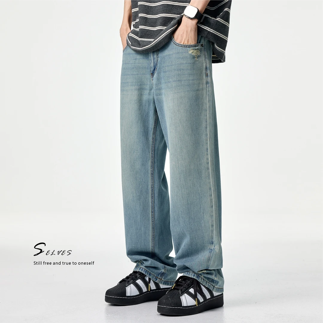 垂感宽松新款Clanfit直筒版型微破洞款猫须直筒牛仔裤夏季薄款