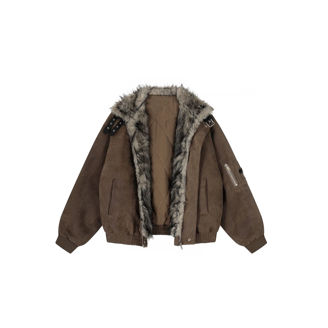 美式复古毛领座山雕棉服外套女十字架加绒加厚夹克冬季新款棉衣