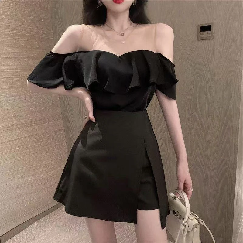 羞羞大码【色彩幻镜】显瘦气质时尚性感辣妹短款不规则套装796