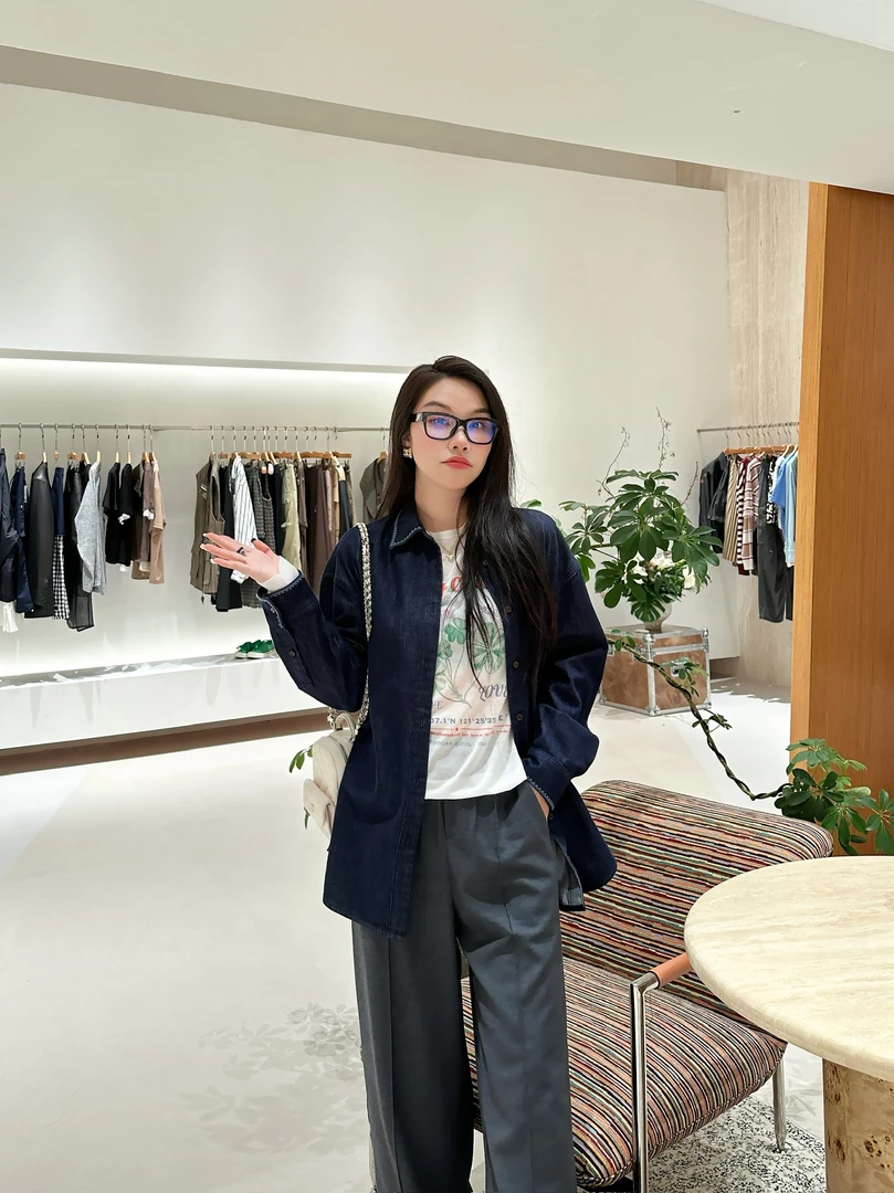 Short Sentence短句 设计师品牌 小众新款 绣花边饰落肩牛仔衬衫